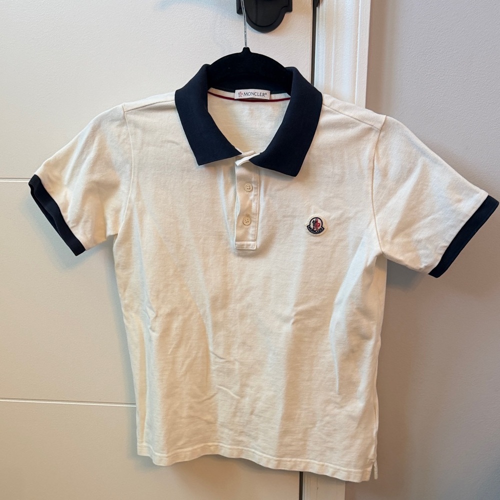 Moncler Kids White Polo with Navy Collar and Sleeve Trim